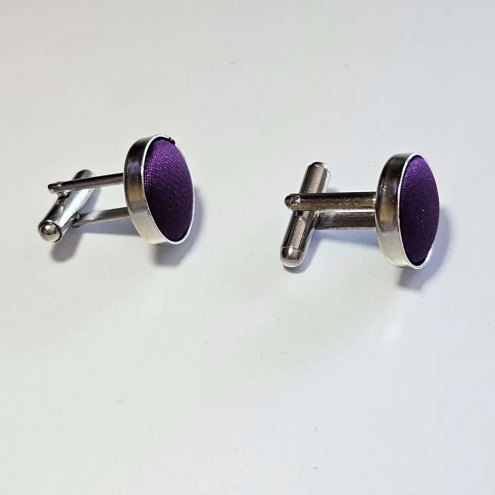 Silver tone purple fabric cufflinks